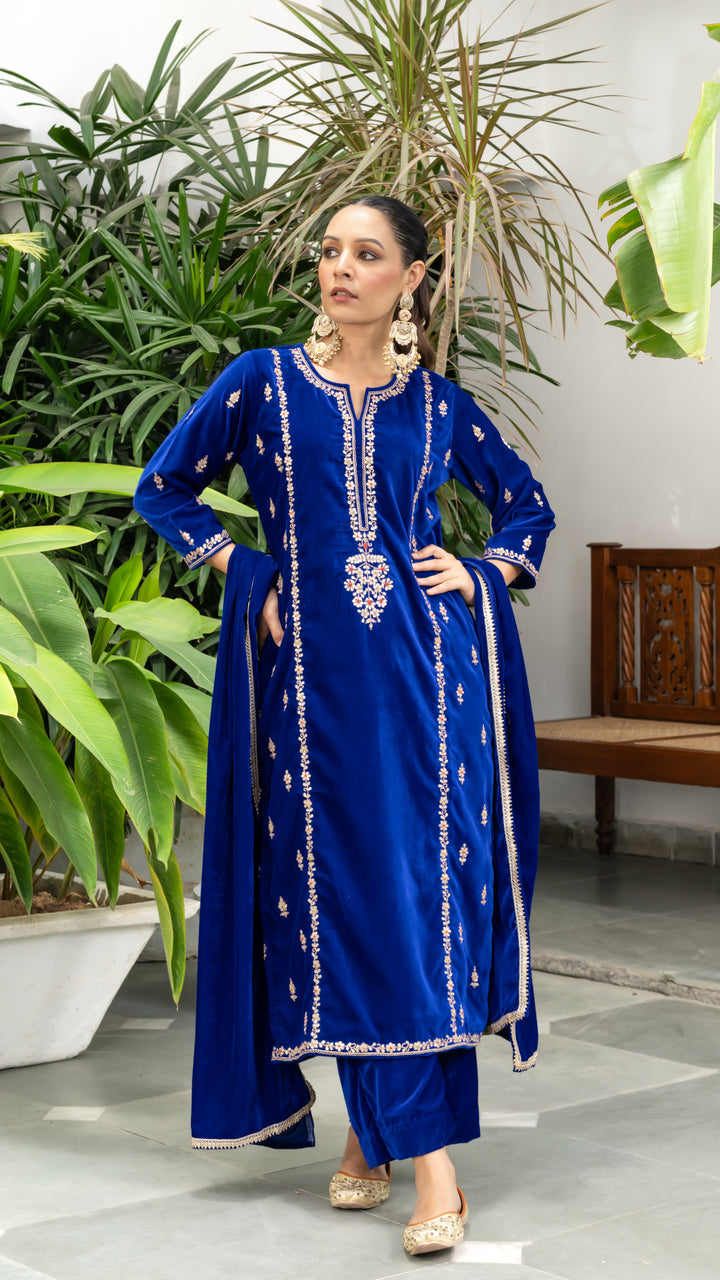 Imara Blue Velvet Marodi Suit Set