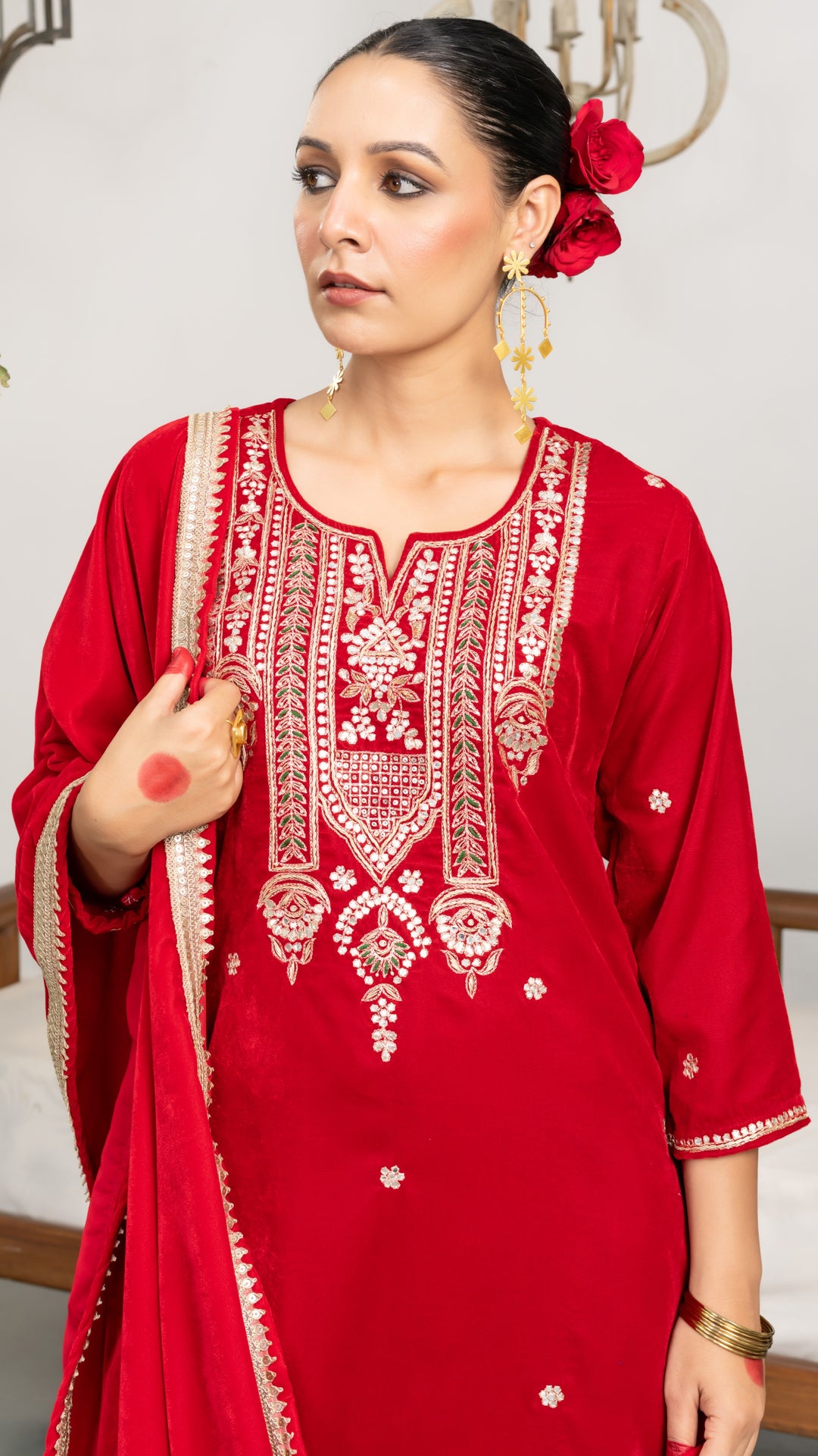 Amber Red Velvet Gota Suit Set