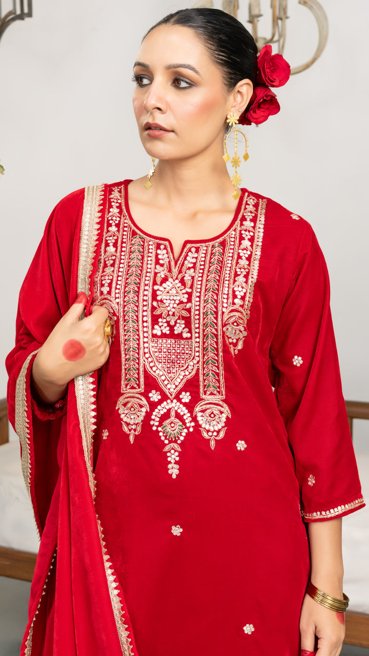 Amber Red Velvet Gota Suit Set