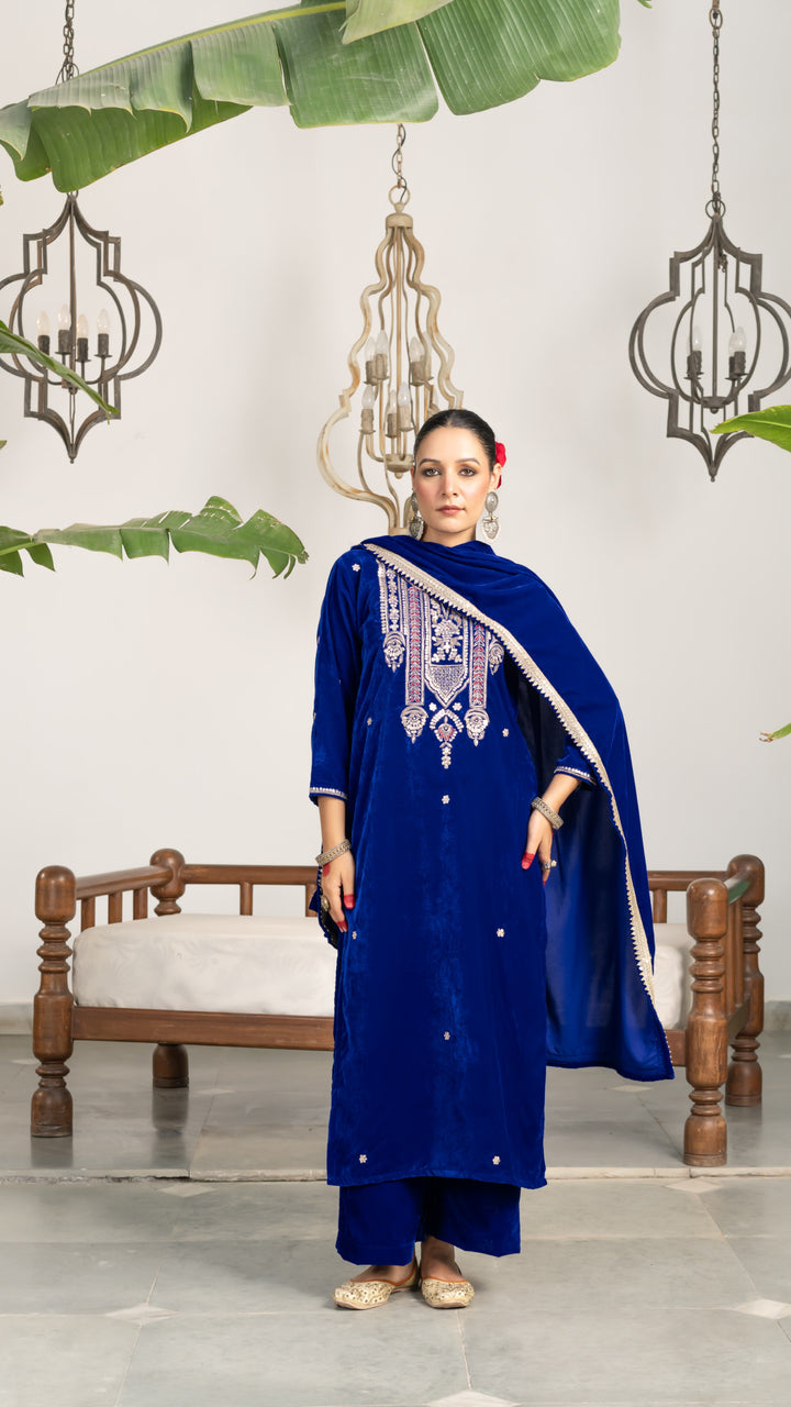 Sadia Blue Velvet Gota Suit Set
