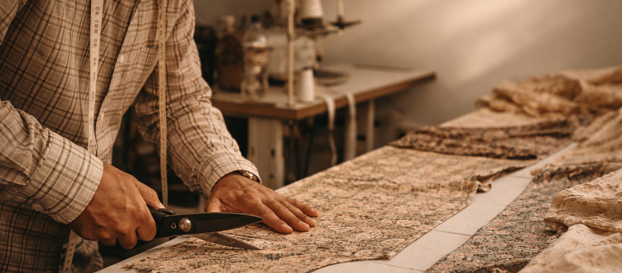 Person cutting fabric with scissors in DDS workshop setting