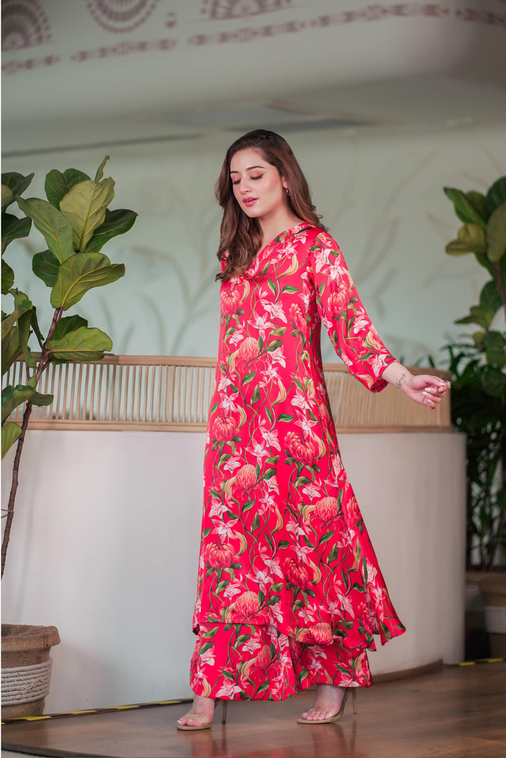 Red Floral Modal Satin Set