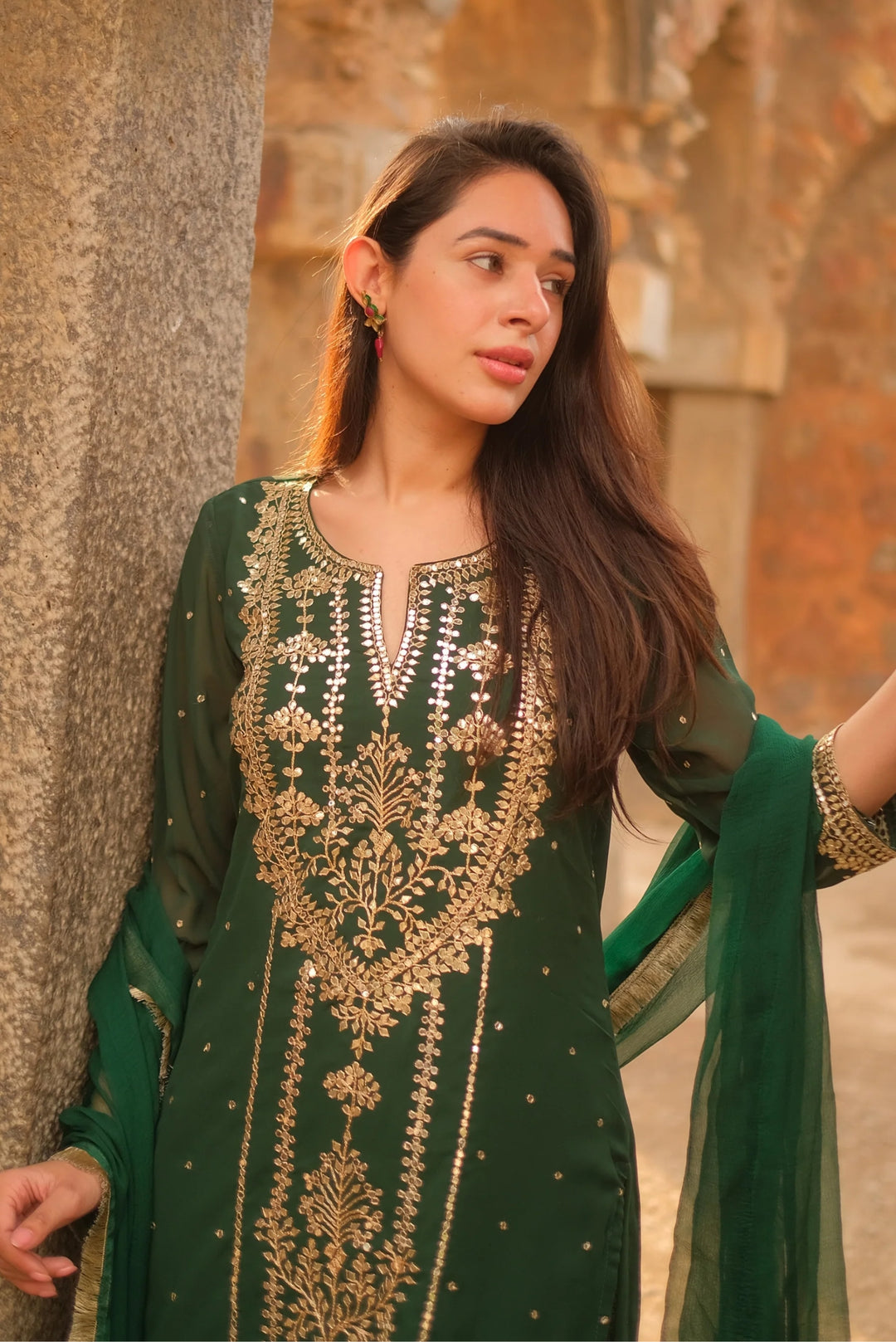 Bottle green georgette aari suit set
