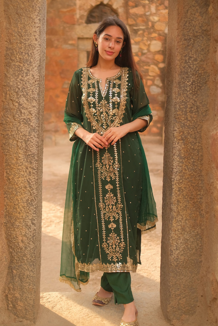 Bottle green georgette aari suit set