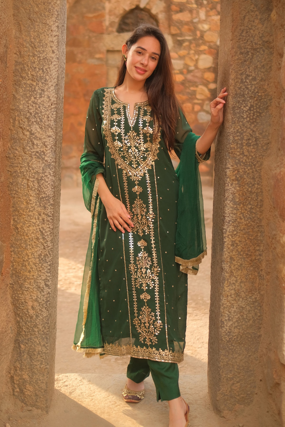 Bottle green georgette aari suit set