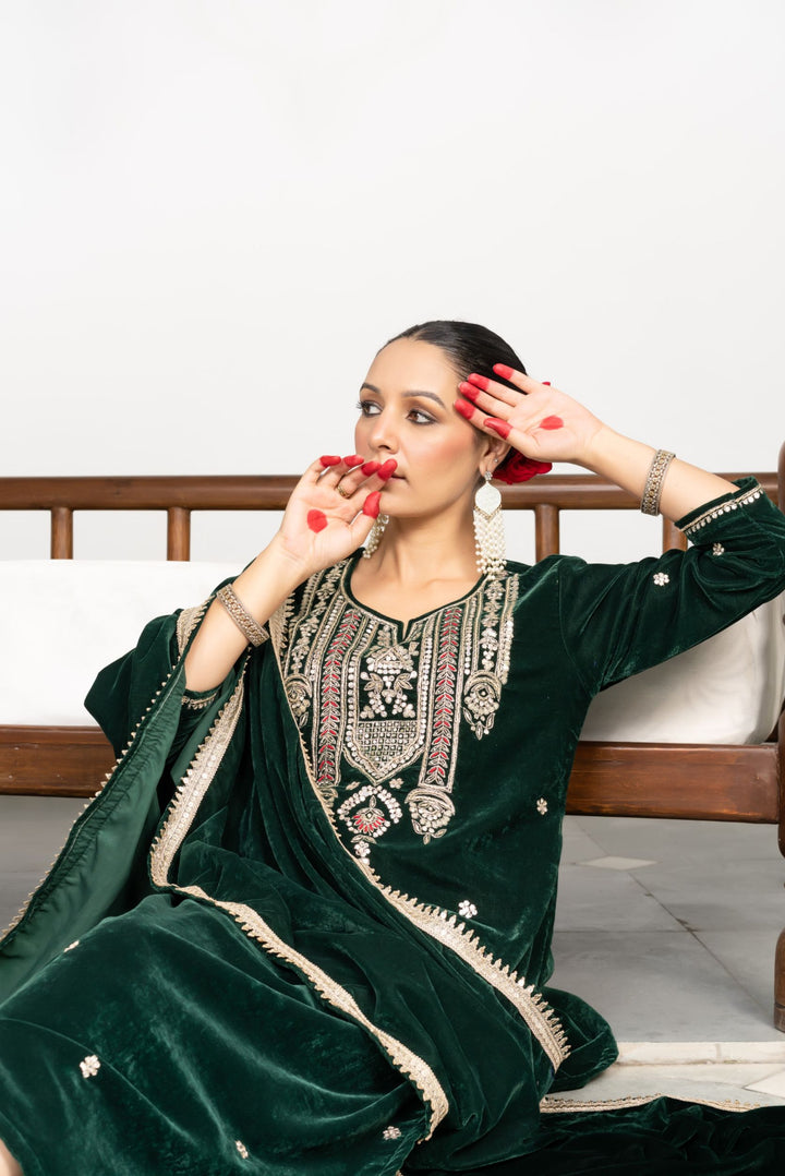 Ifra Green Velvet Gota Suit Set