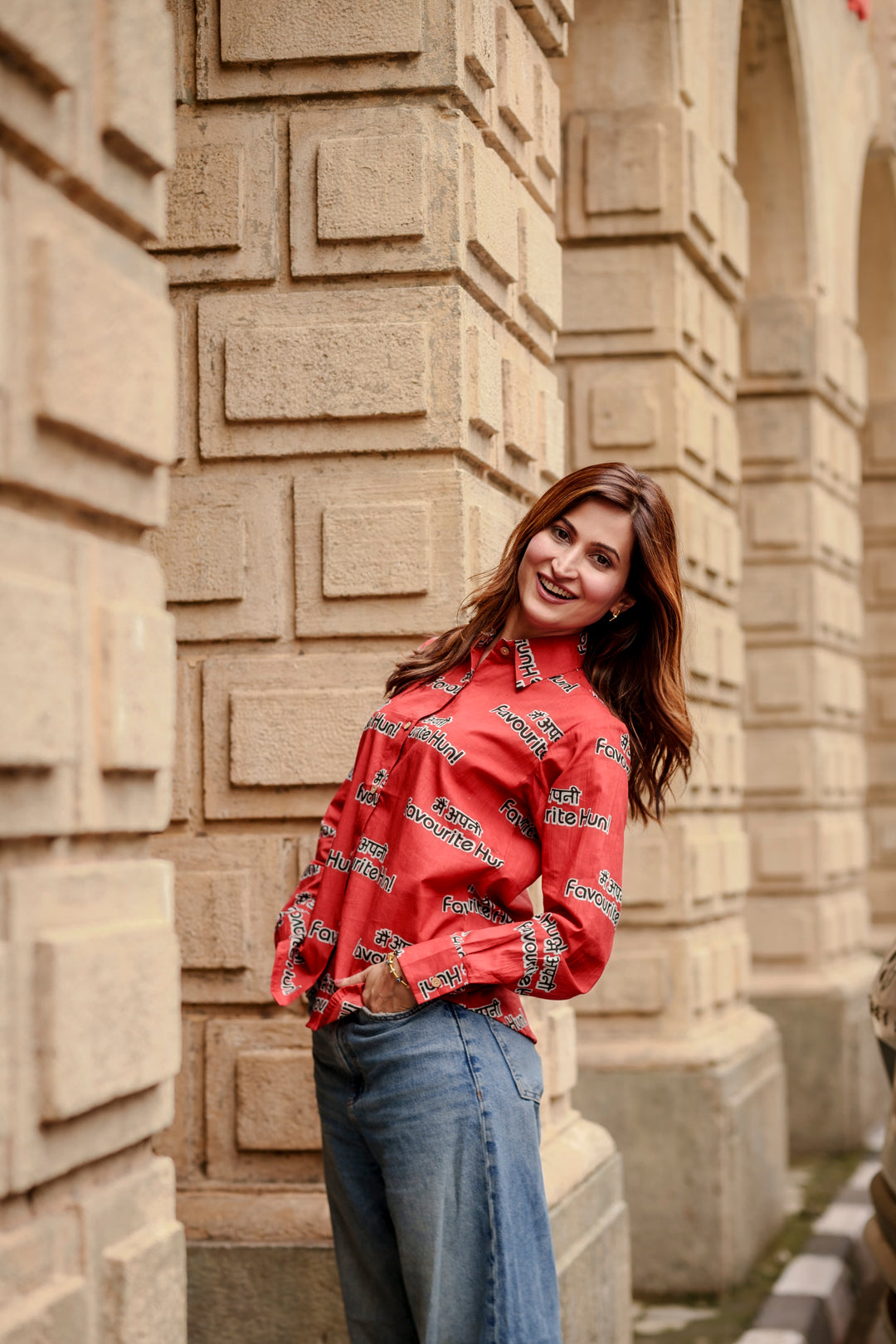 Red "main apni favourite hoon" cotton shirt