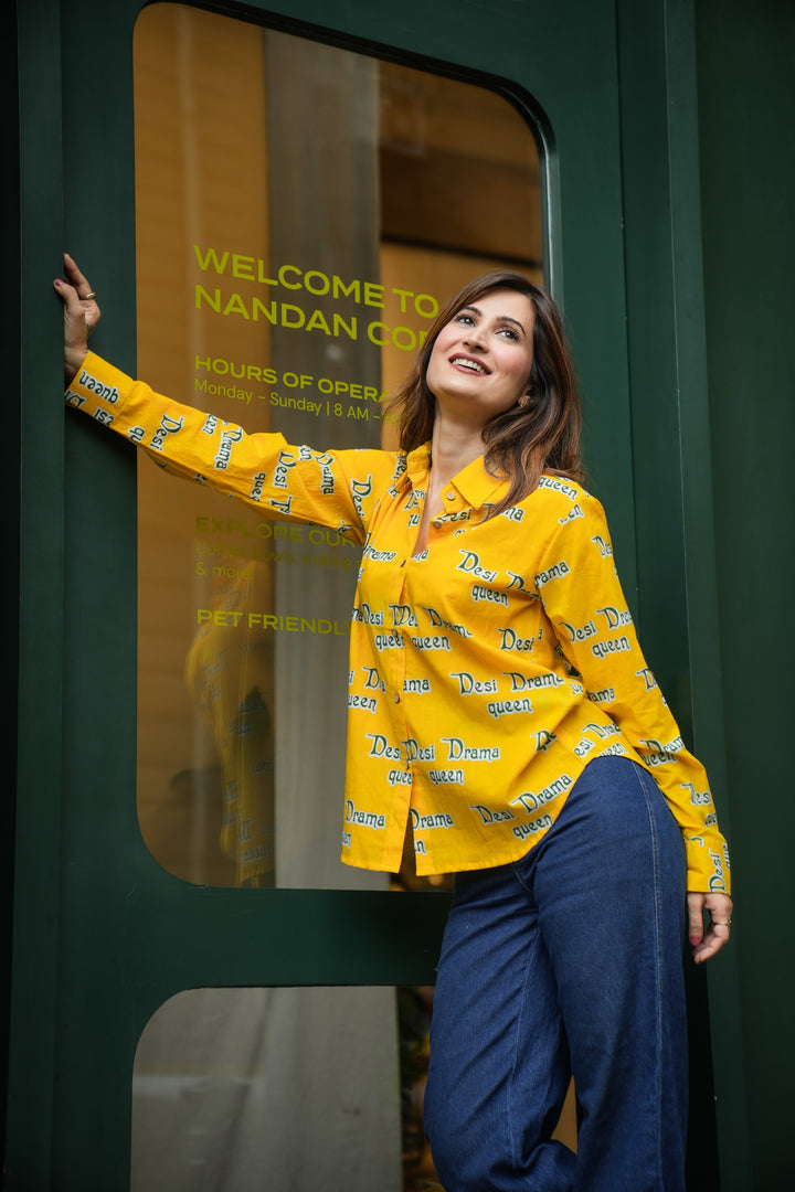 Yellow "desi drama queen" cotton shirt
