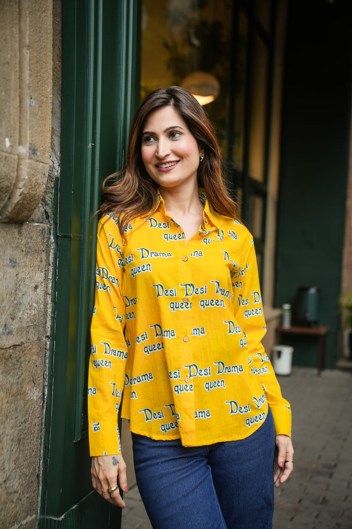 Yellow "desi drama queen" cotton shirt