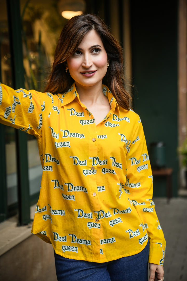 Yellow "desi drama queen" cotton shirt