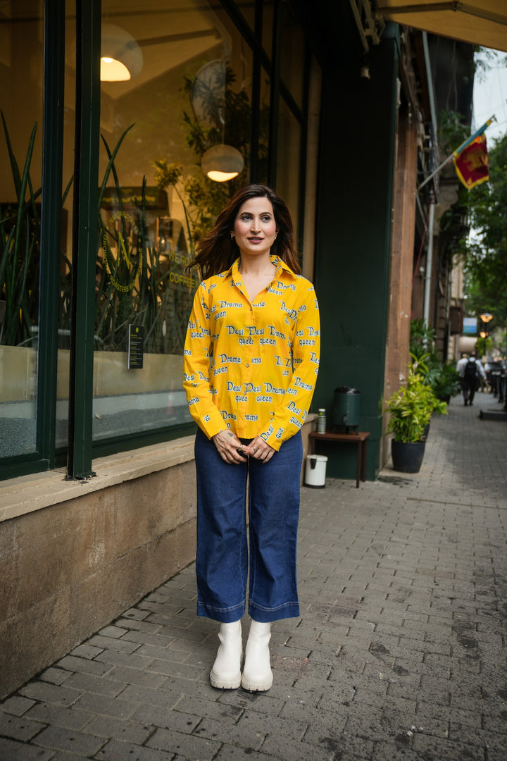 Yellow "desi drama queen" cotton shirt