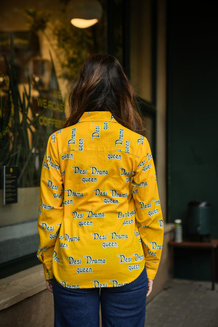Yellow "desi drama queen" cotton shirt