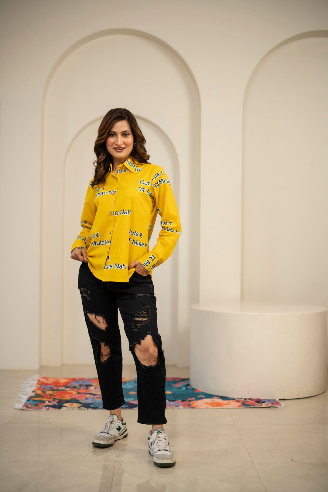 Yellow "cute hu par mute nahi" cotton shirt