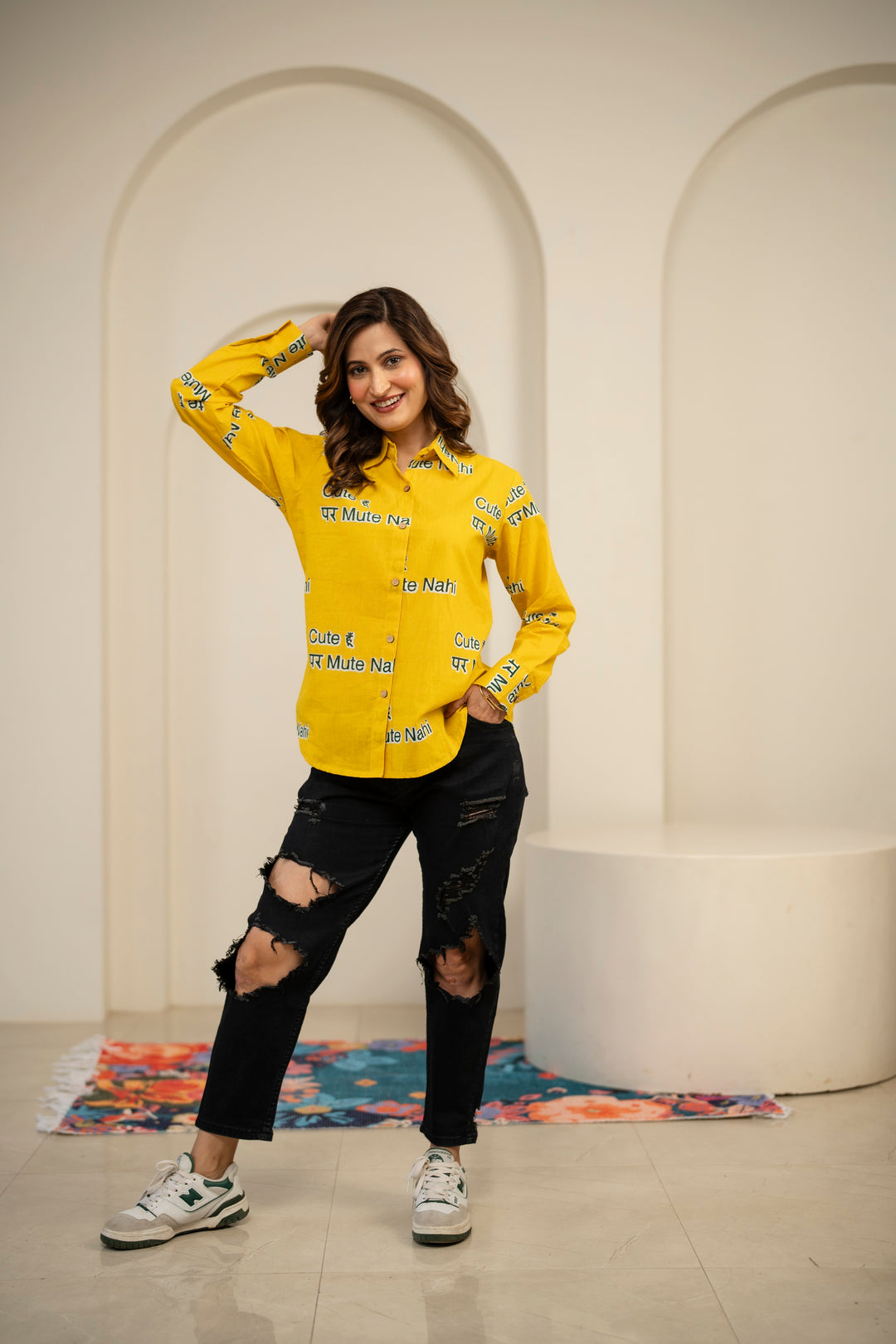 Yellow "cute hu par mute nahi" cotton shirt