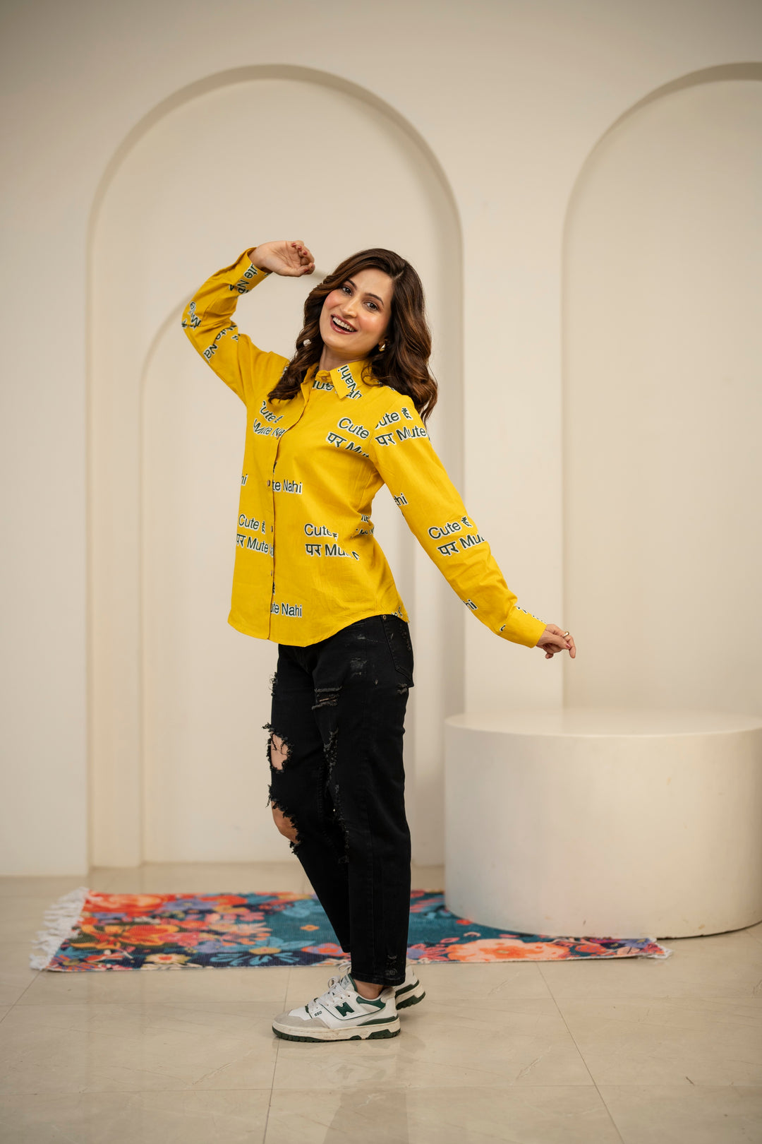 Yellow "cute hu par mute nahi" cotton shirt
