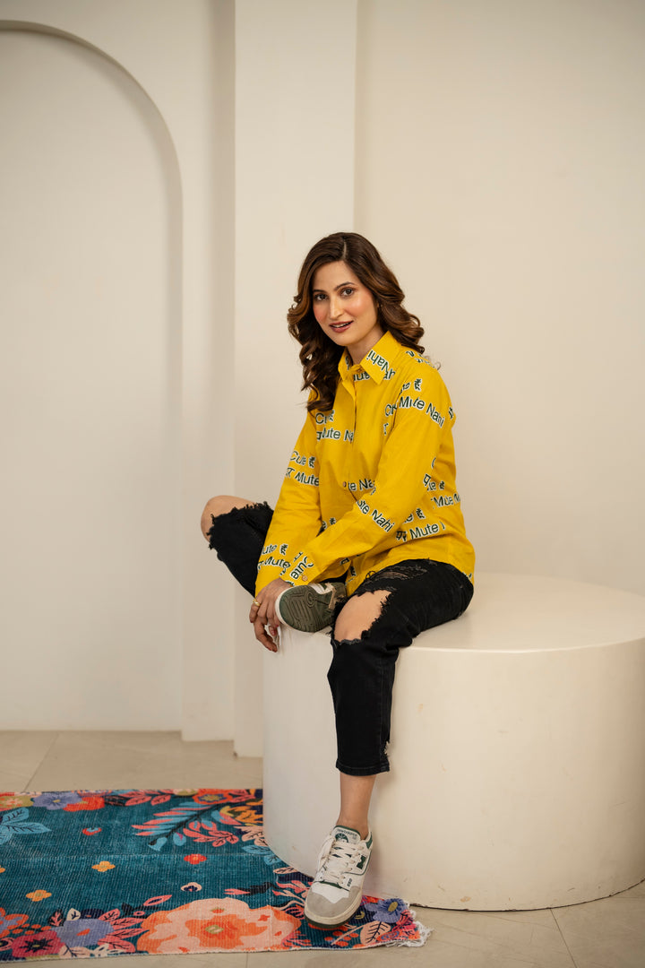Yellow "cute hu par mute nahi" cotton shirt