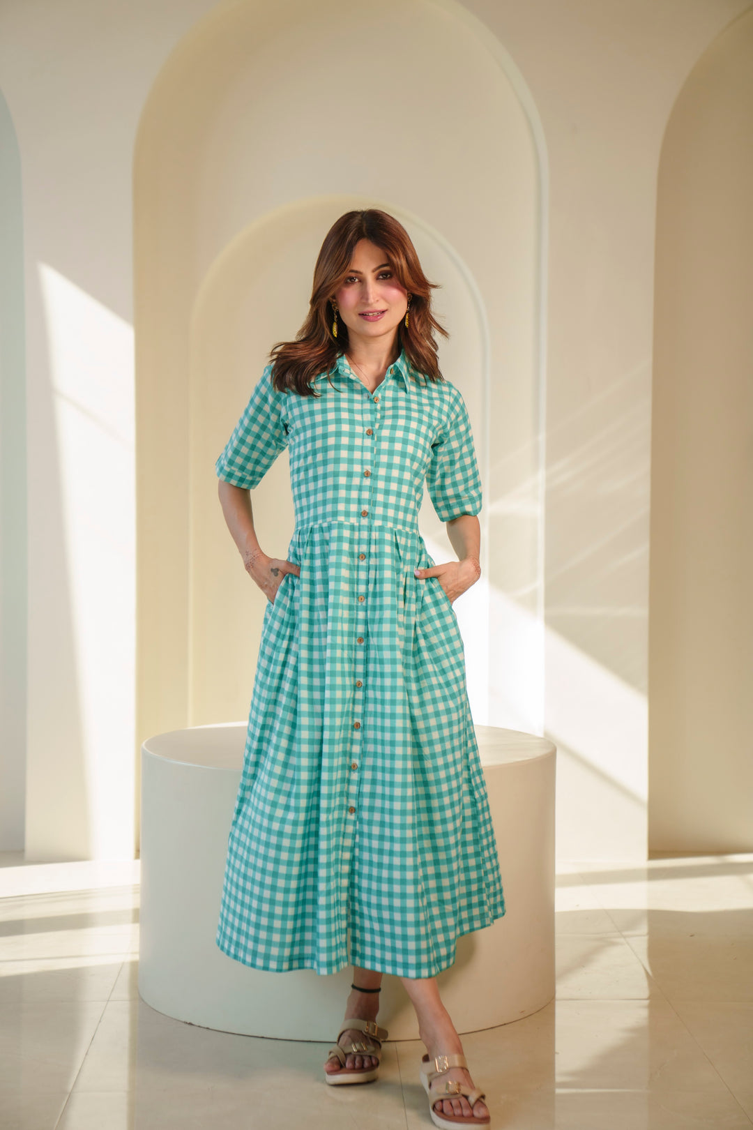Blue Check Cotton Shirt Dress DIMPLE DESIGN STUDIO Blue Check Cotton Shirt Dress DIMPLE DESIGN STUDIO