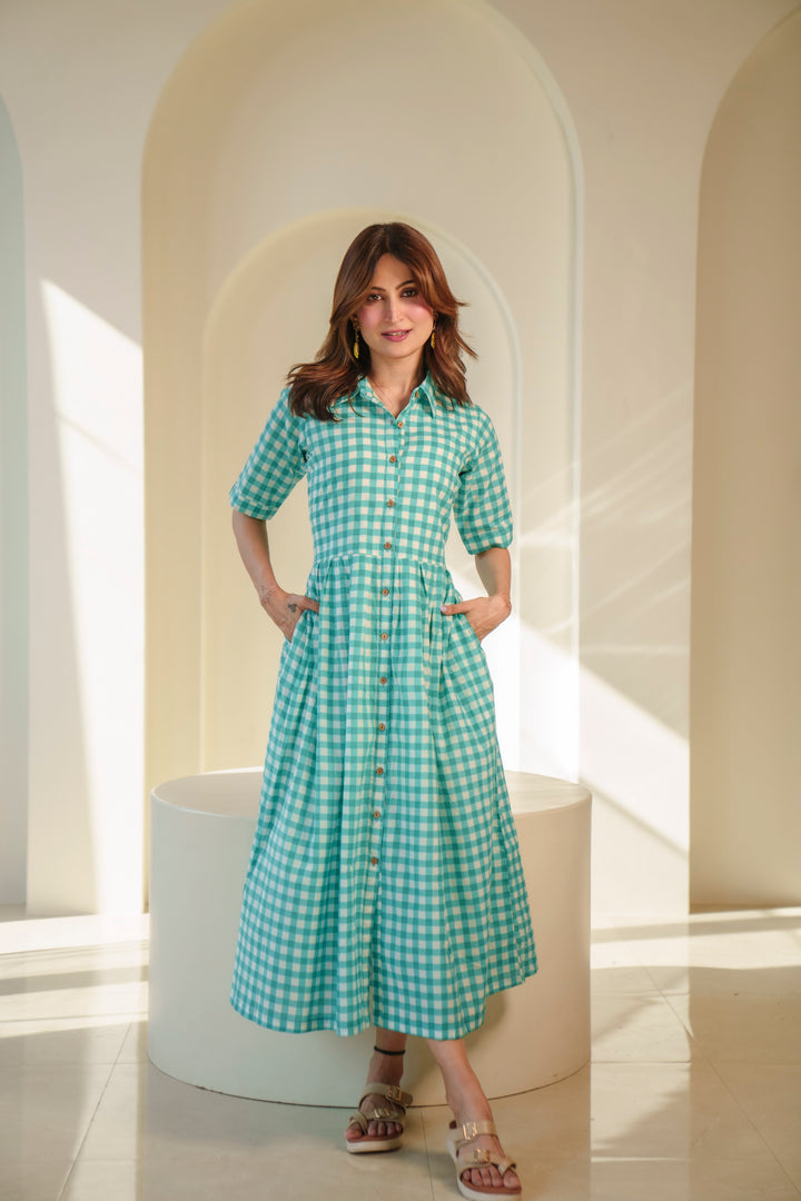 Blue Check Cotton Shirt Dress – DIMPLE DESIGN STUDIO