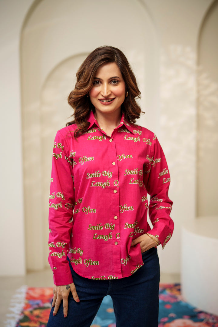 Magenta "smile big laugh often" cotton shirt