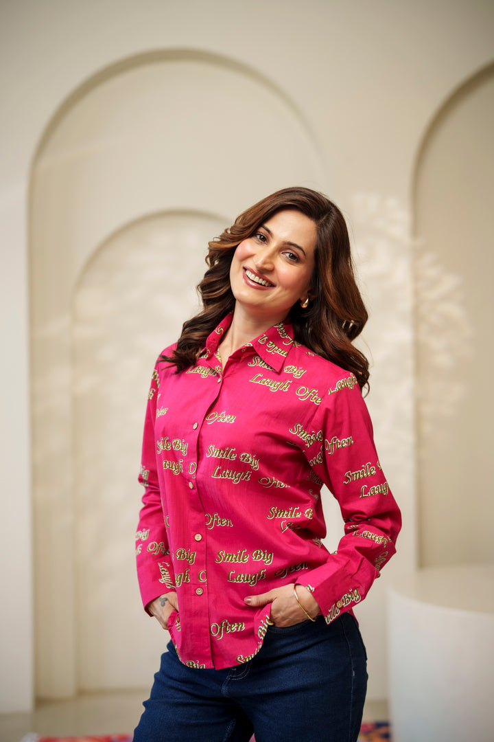 Magenta "smile big laugh often" cotton shirt