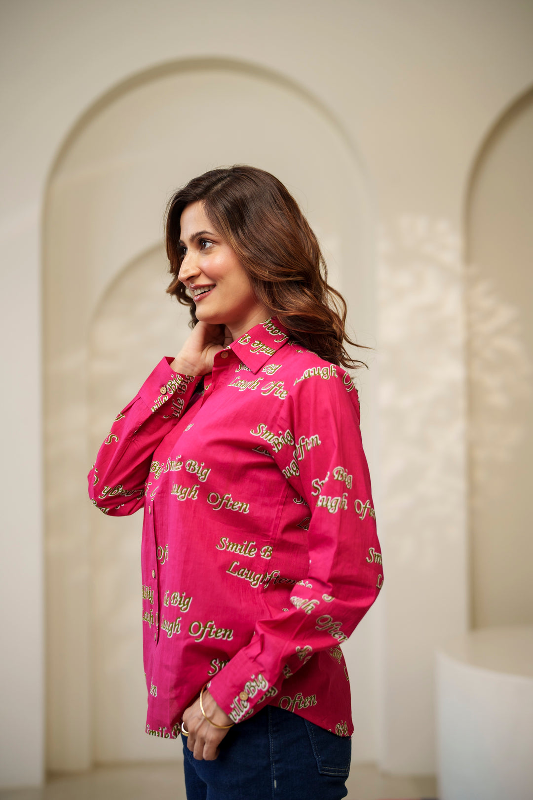 Magenta "smile big laugh often" cotton shirt