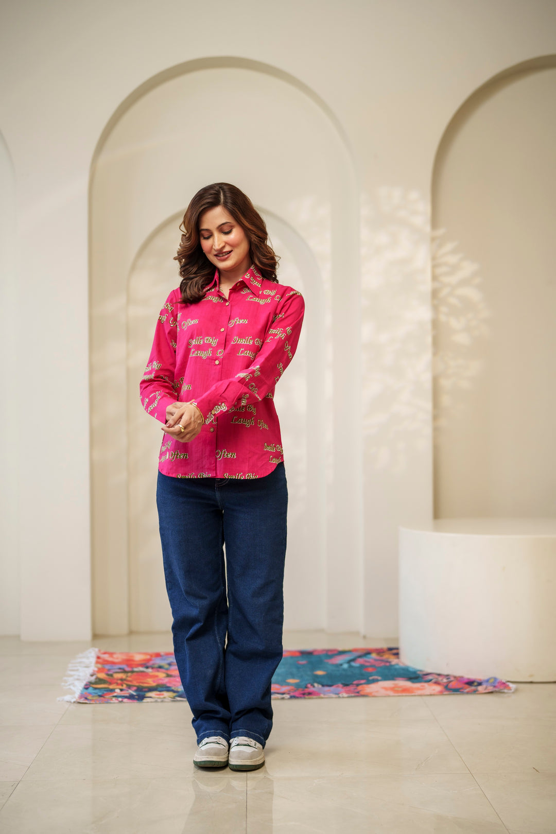 Magenta "smile big laugh often" cotton shirt