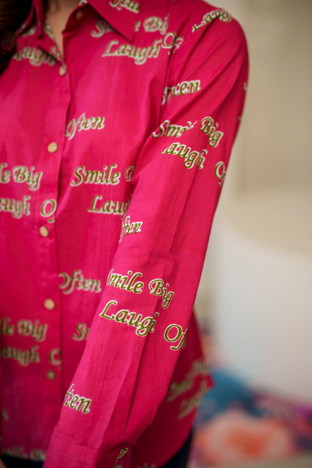 Magenta "smile big laugh often" cotton shirt