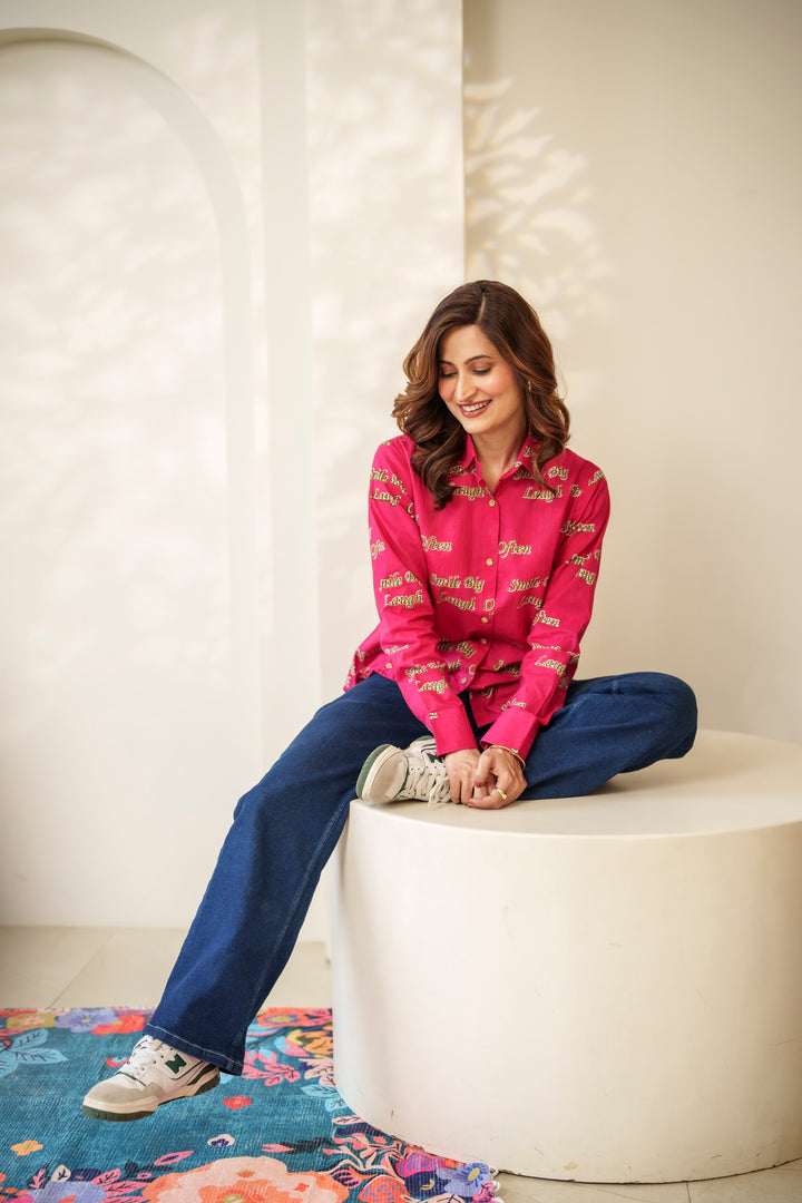 Magenta "smile big laugh often" cotton shirt