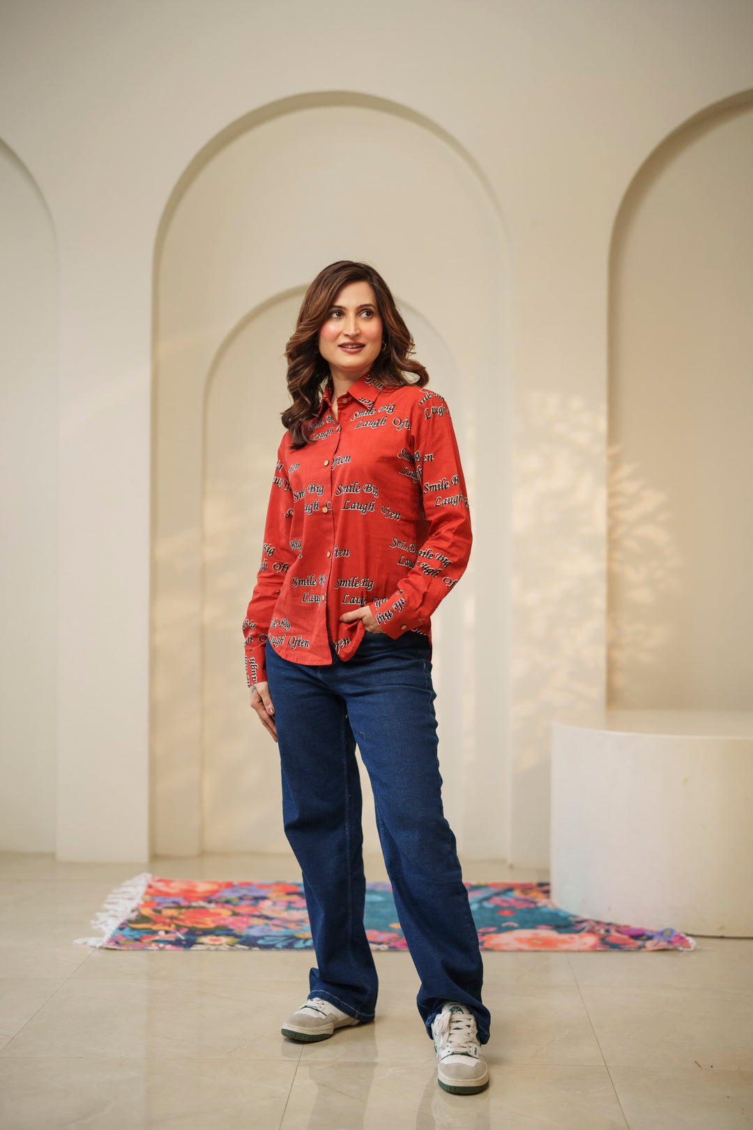 Red "smile big laugh often" cotton shirt