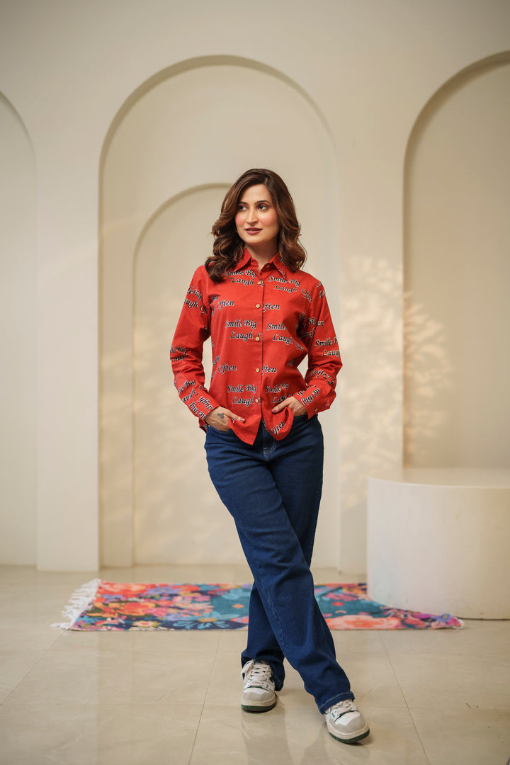 Red "smile big laugh often" cotton shirt