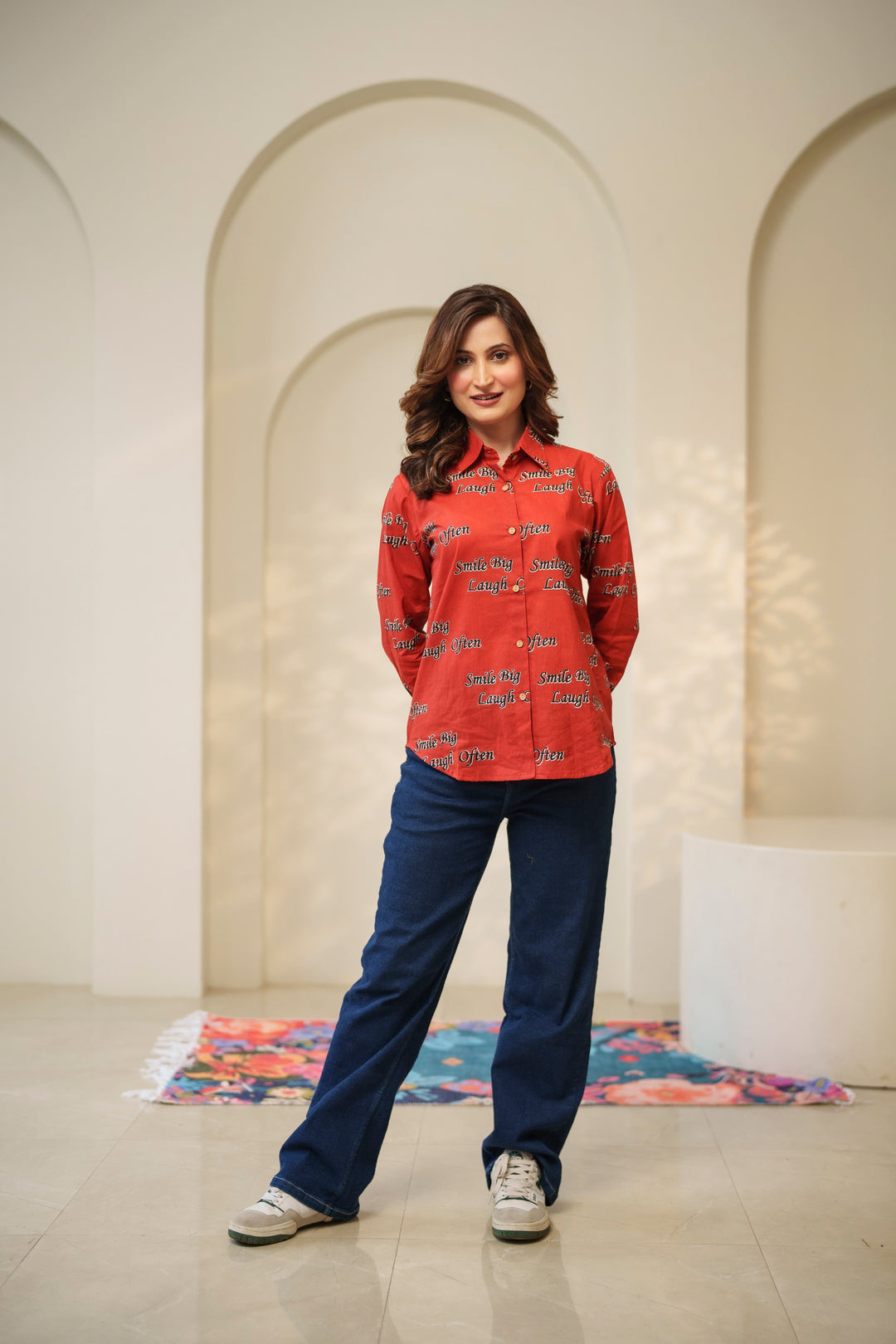 Red "smile big laugh often" cotton shirt