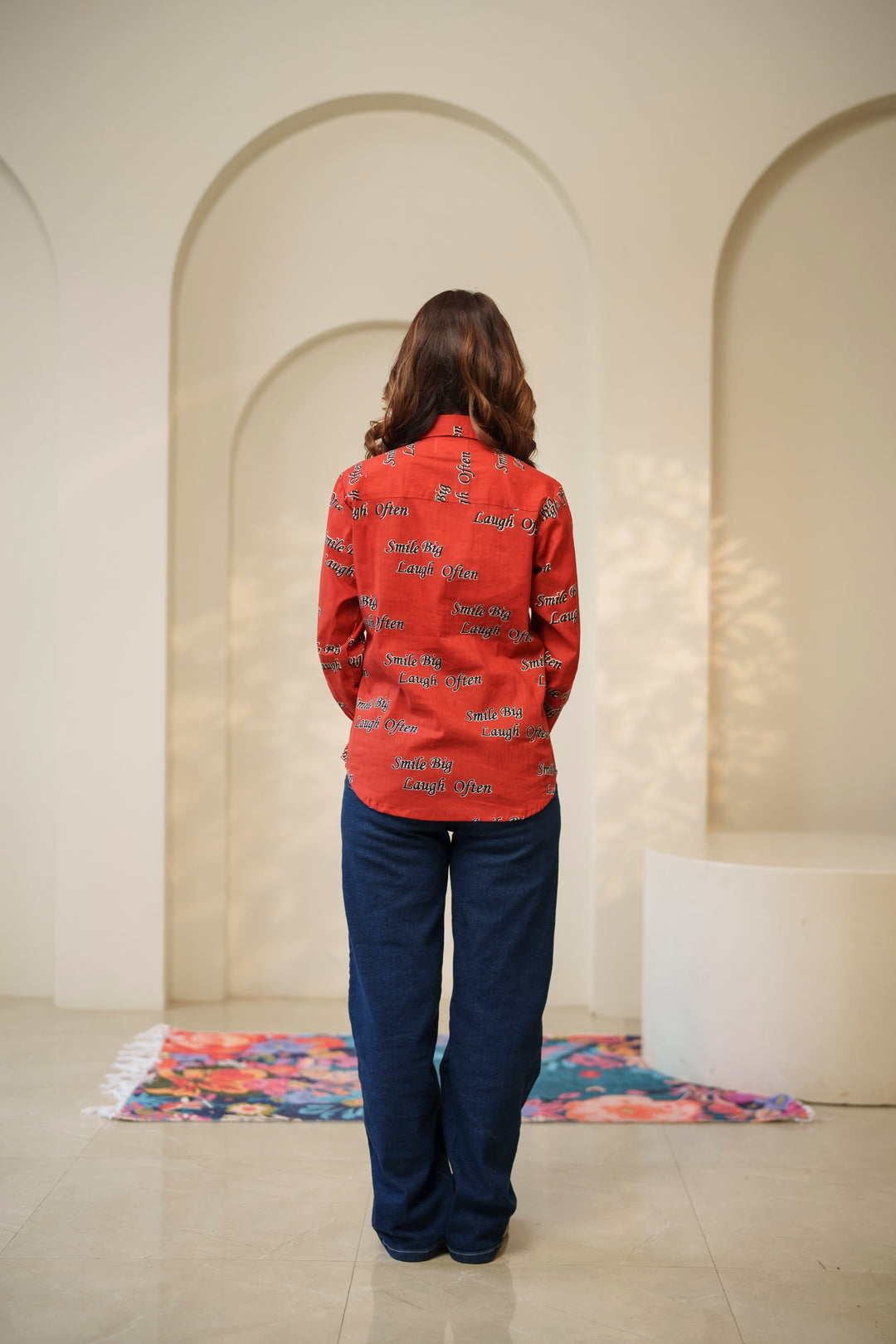 Red "smile big laugh often" cotton shirt