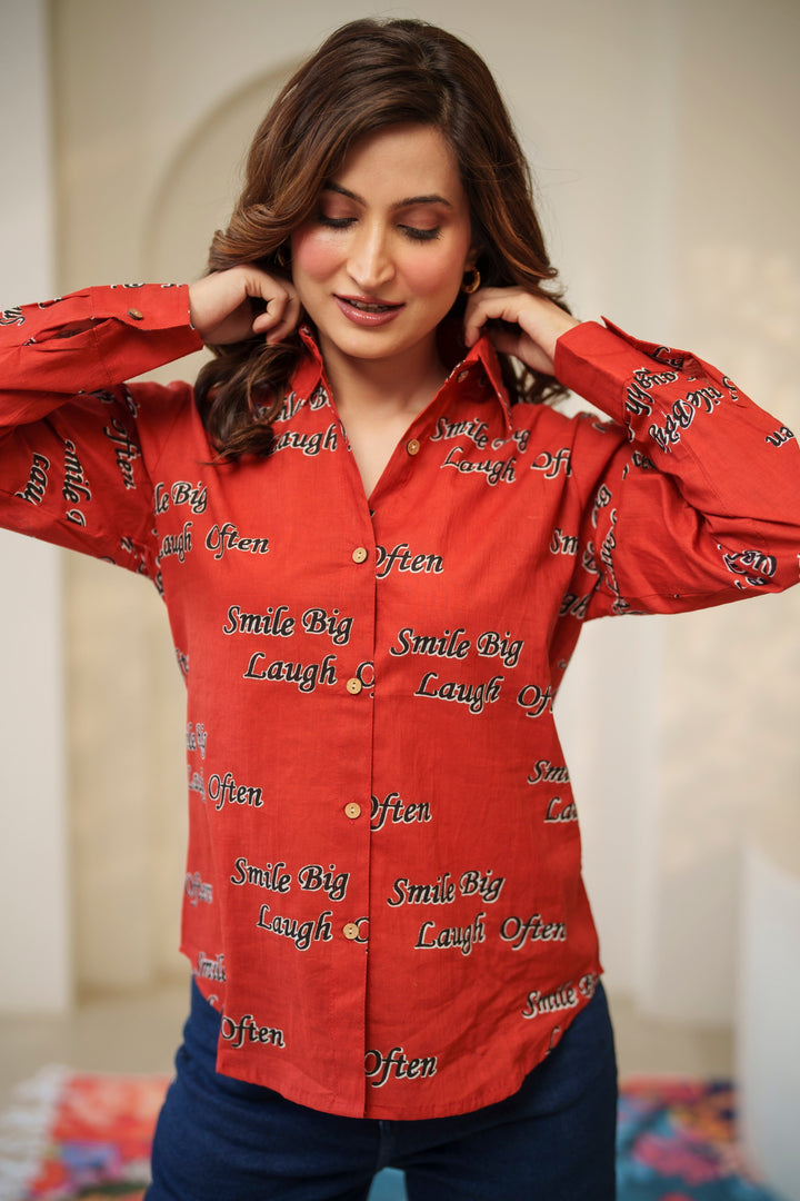 Red "smile big laugh often" cotton shirt