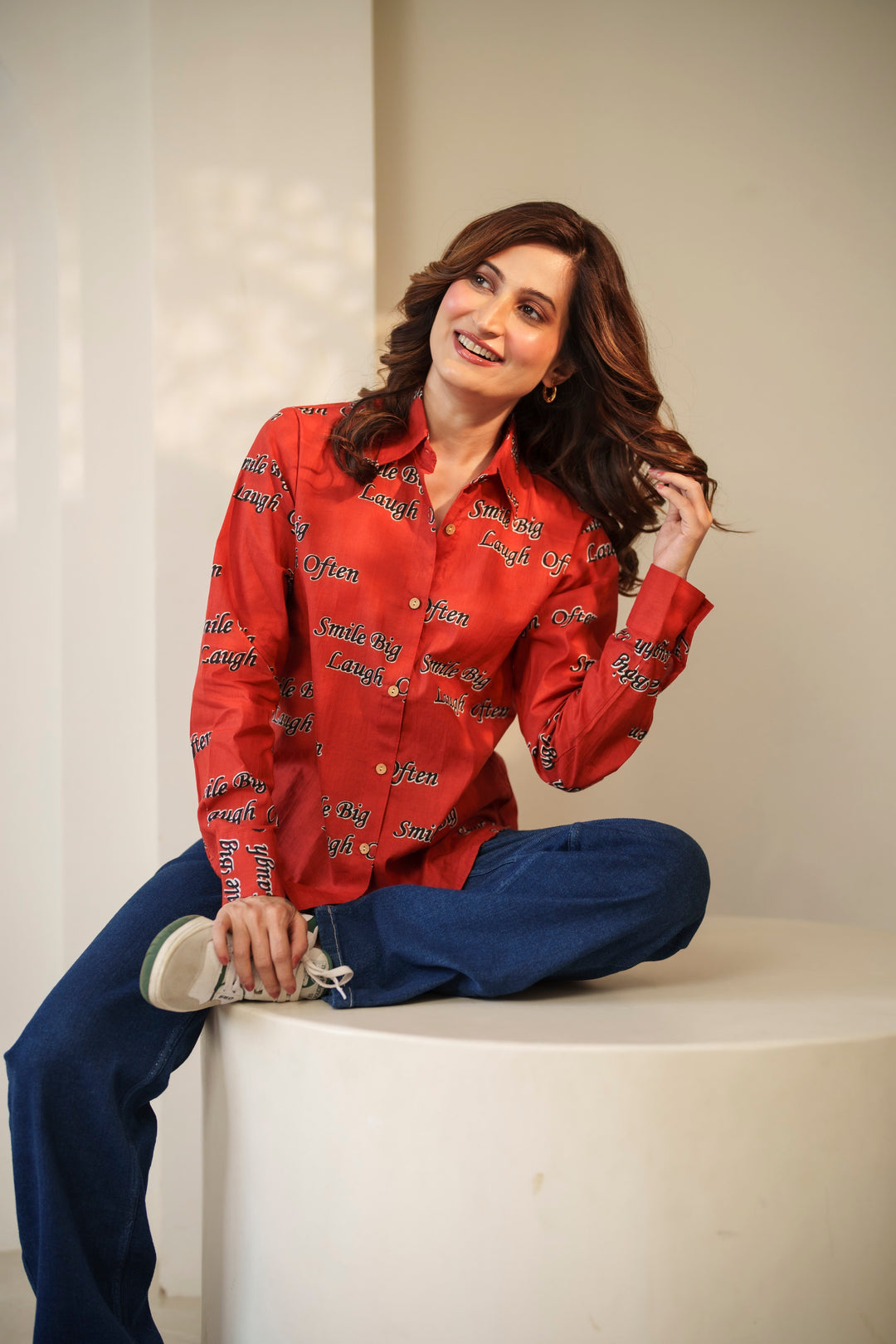 Red "smile big laugh often" cotton shirt