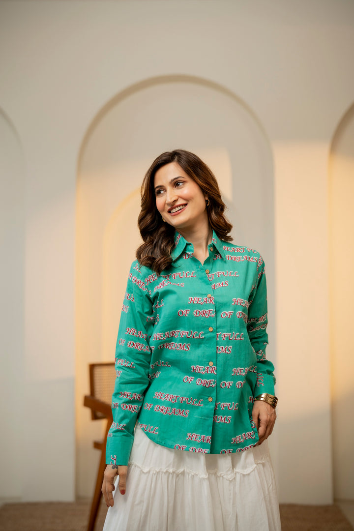 Green "heart full of dreams" cotton shirt