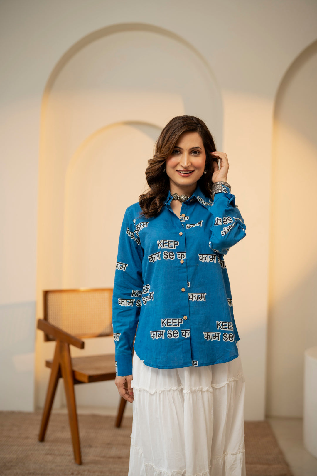 Blue "keep kaam se kaam" cotton shirt