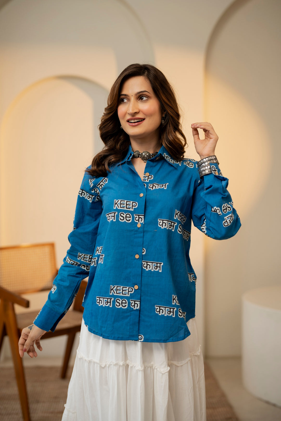 Blue "keep kaam se kaam" cotton shirt