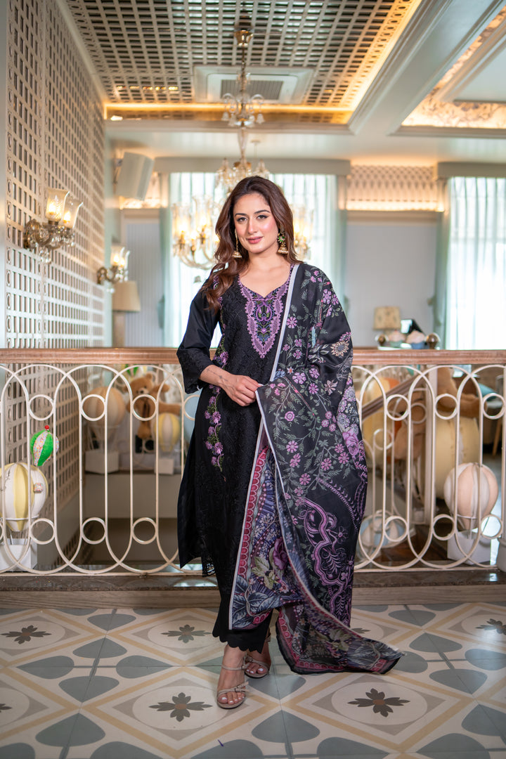 Chaand Black Cotton Lawn Suit