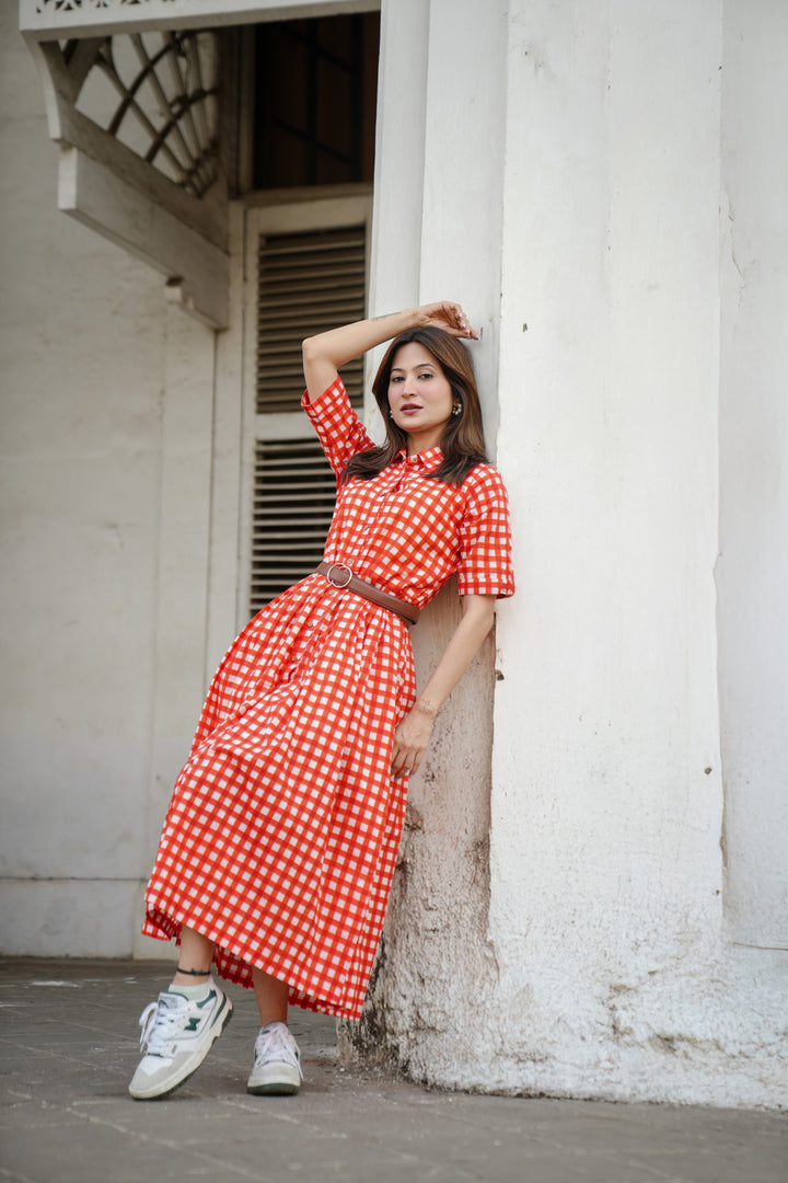 Red checks cotton shirt dress – DIMPLE DESIGN STUDIO