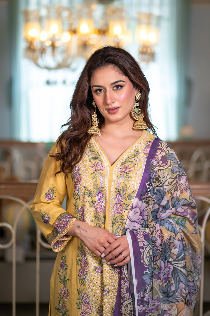 Isharya Yellow Cotton Lawn Suit
