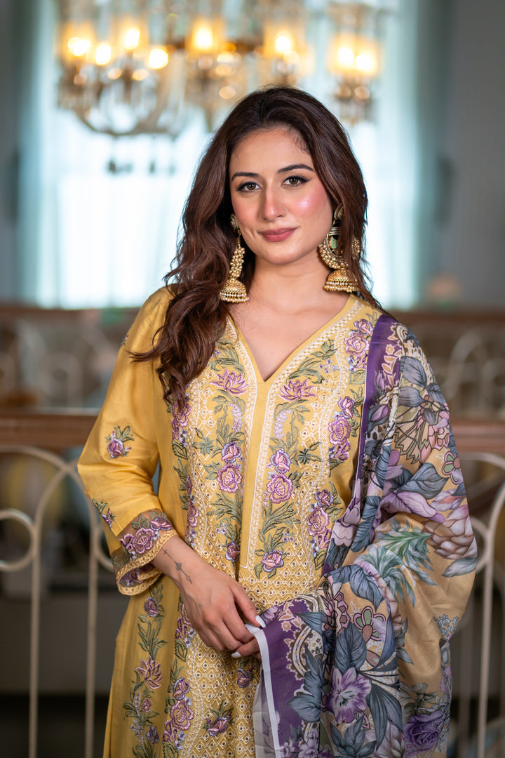 Isharya Yellow Cotton Lawn Suit
