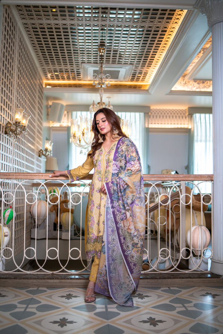 Isharya Yellow Cotton Lawn Suit