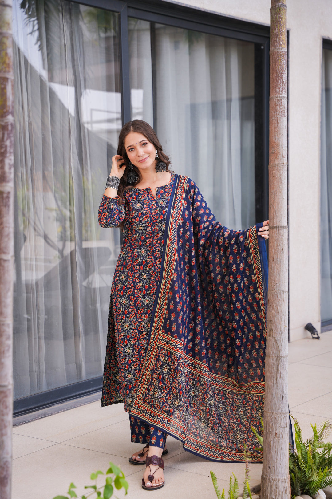 Saloni Blue Ajrak Cotton Suit Set