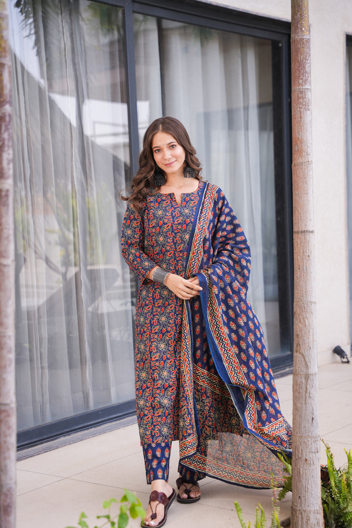 Saloni Blue Ajrak Cotton Suit Set