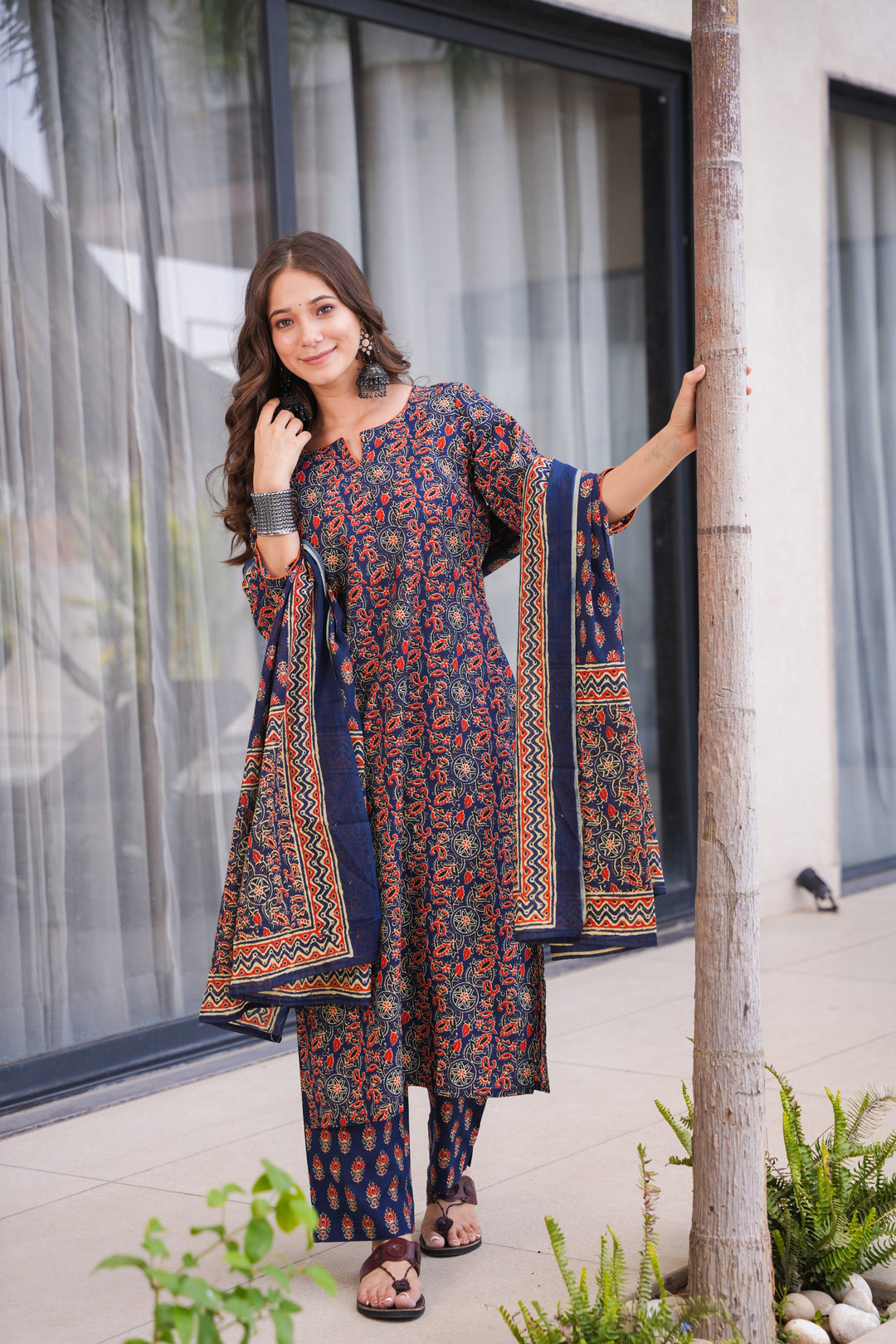 Saloni Blue Ajrak Cotton Suit Set