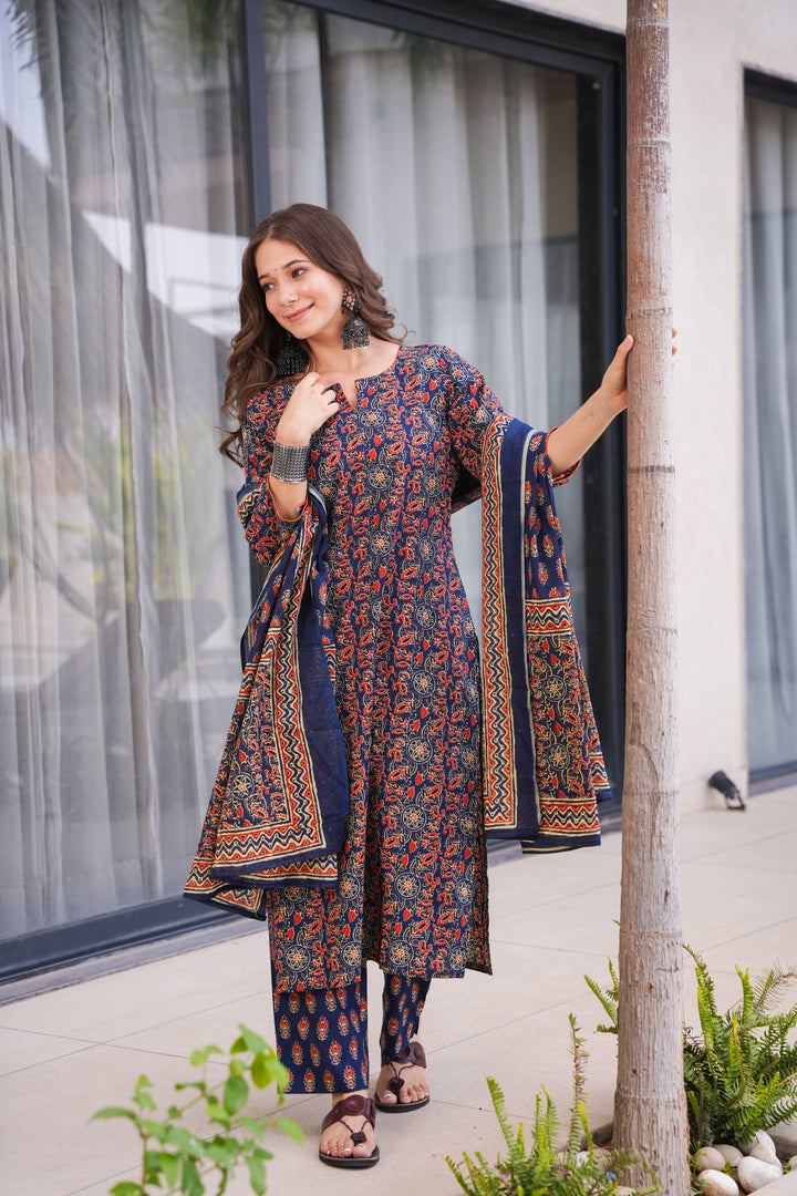 Saloni Blue Ajrak Cotton Suit Set
