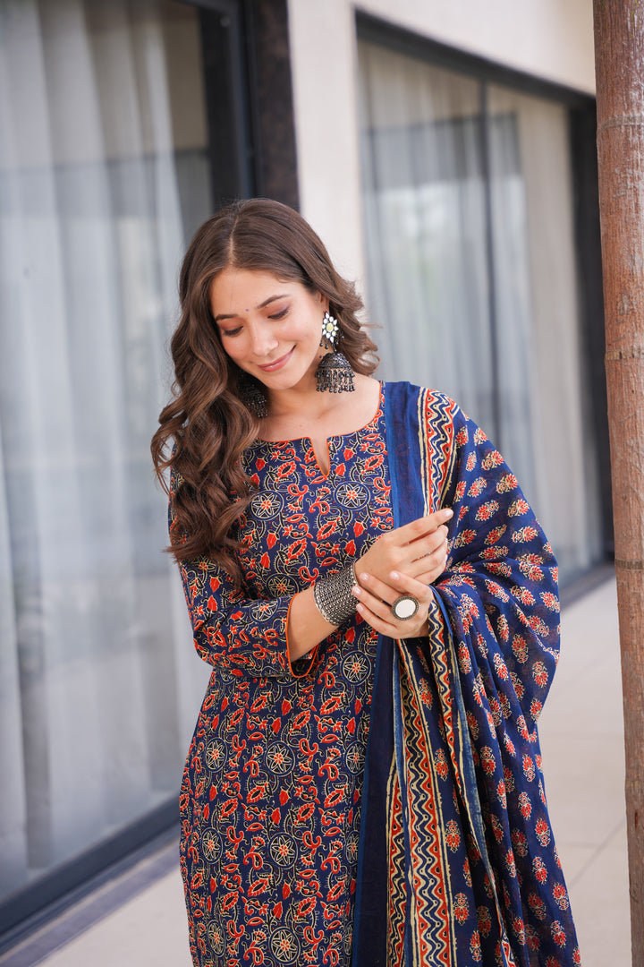 Saloni Blue Ajrak Cotton Suit Set