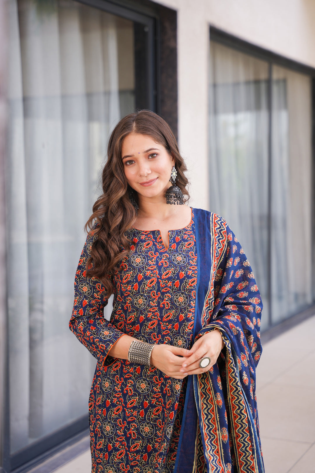 Saloni Blue Ajrak Cotton Suit Set