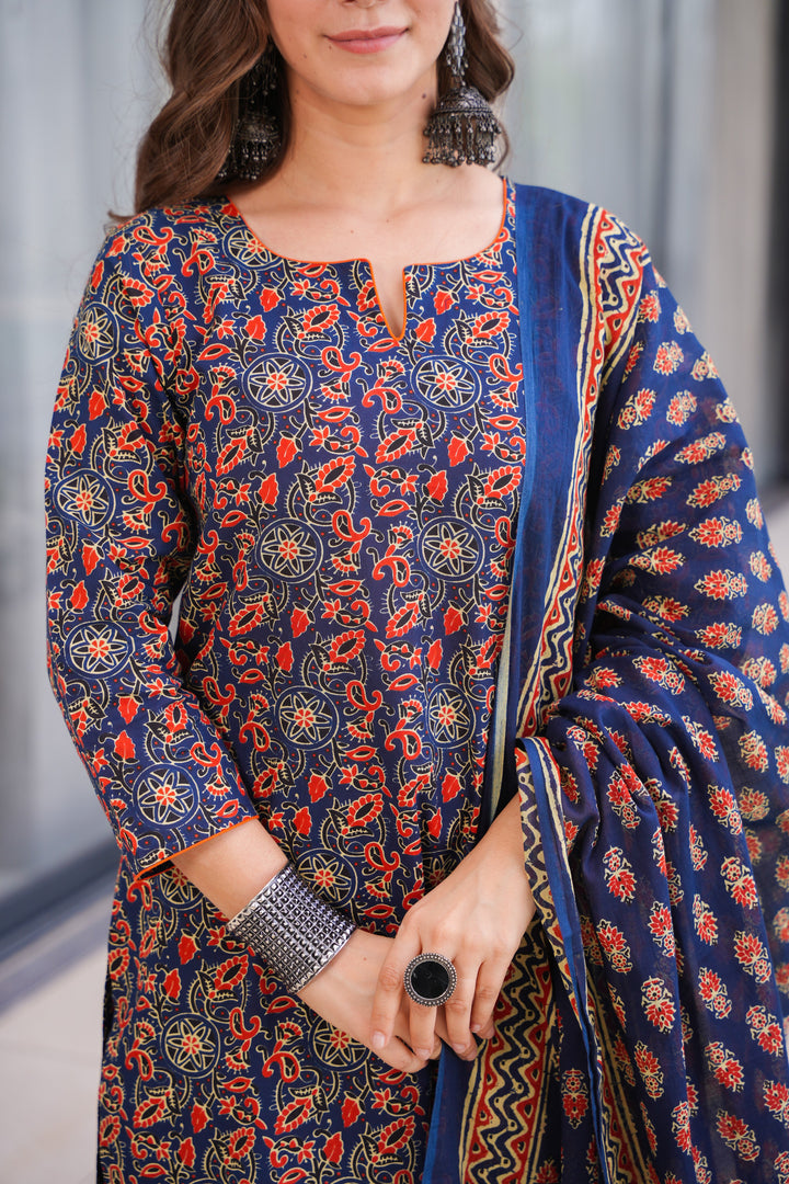 Saloni Blue Ajrak Cotton Suit Set