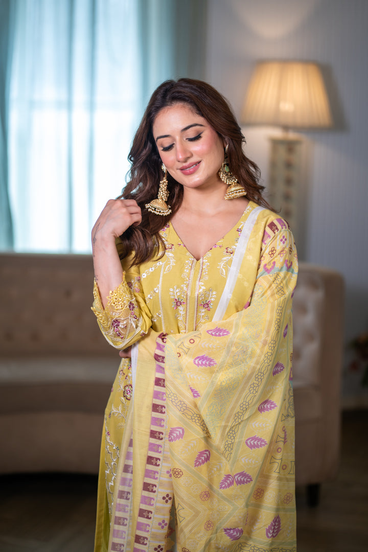 Hafsah Yellow Cotton Lawn Suit
